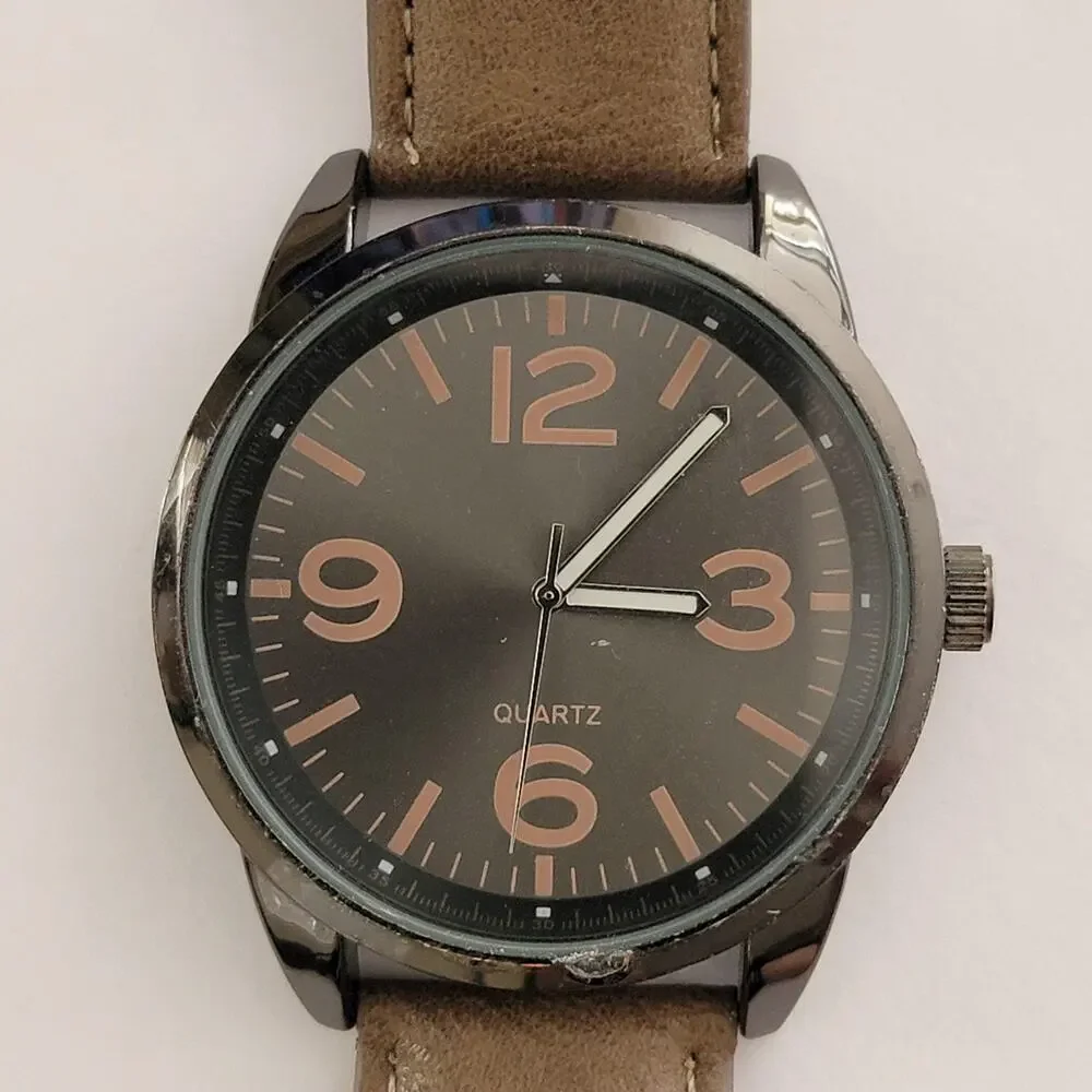 Mens Watch Black Dial 40mm Black Case Brown Faux Leather Strap Quartz Casual